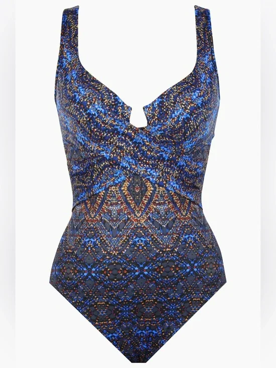 Miraclesuit Criss Cross Escape One Piece Swimsuit in Thebes Blue Multi size 12 - Picture 3 of 5